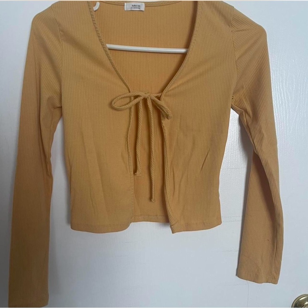 Mustard Yellow Ribbed Tie-Front Top